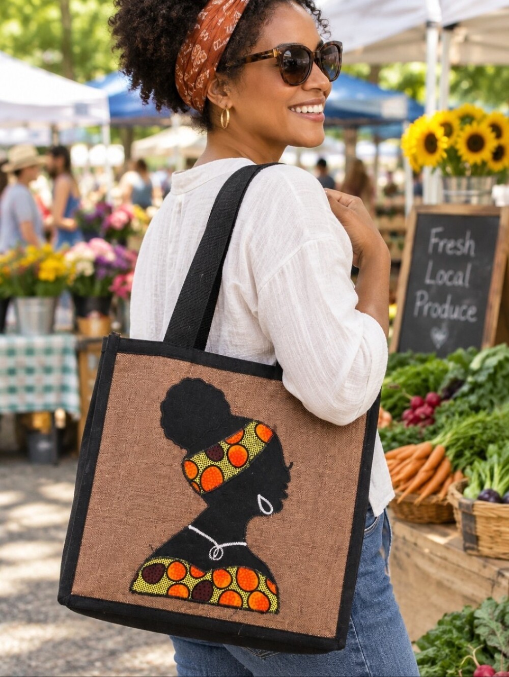 New African Silhouette Tote Bag Brown Canvas Tribal Ethnic